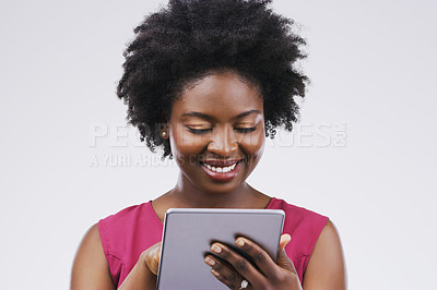 Buy stock photo Smile, tablet and black woman typing in studio isolated on white background mockup. Happy, technology and African female person with touchscreen for email, web scroll or browsing online social media.