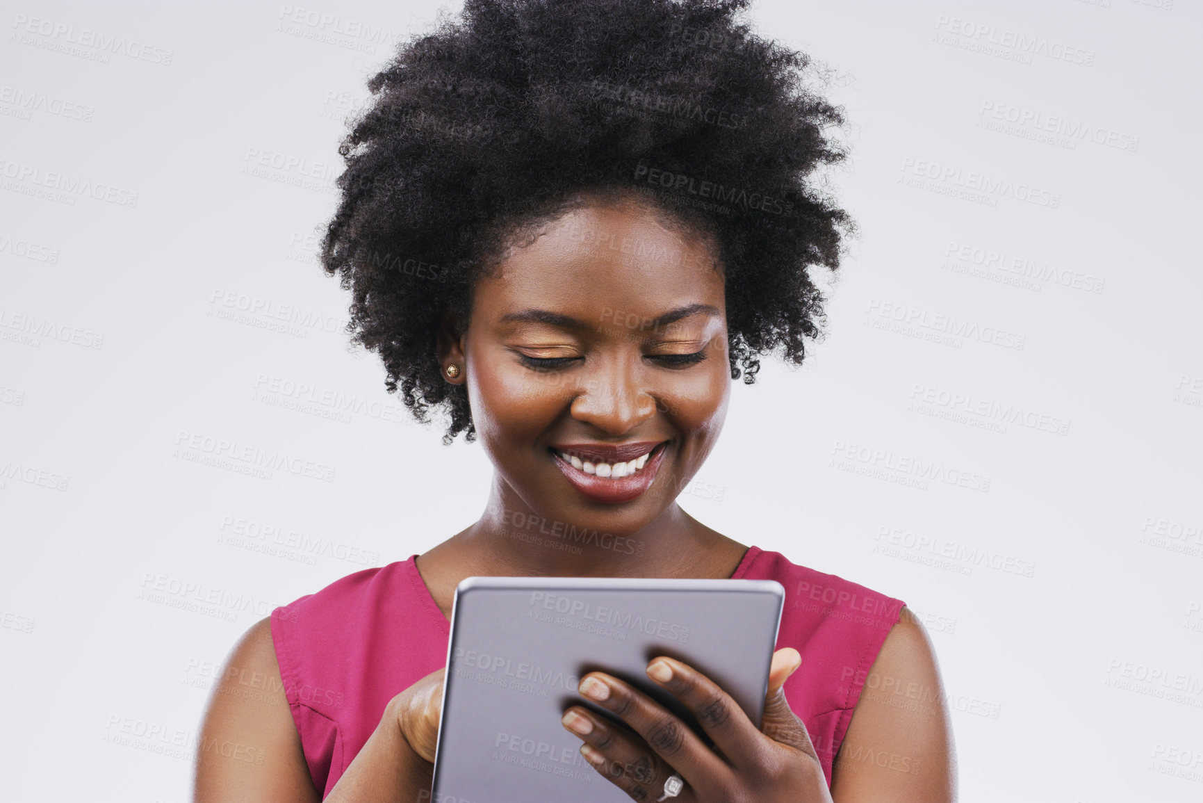 Buy stock photo Smile, tablet and black woman typing in studio isolated on white background mockup. Happy, technology and African female person with touchscreen for email, web scroll or browsing online social media.