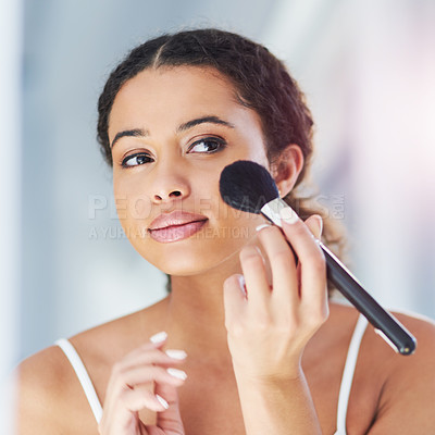 Buy stock photo Beauty, self care and woman with a makeup brush for a natural, skin and face in her bathroom. Cosmetic, glamour and beautiful female person with cosmetics powder for morning routine in her apartment.