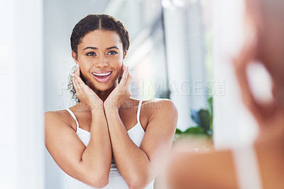 Buy stock photo Home, mirror and woman in bathroom, beauty and wellness with grooming routine, treatment and skincare. Person, apartment and girl with confidence, reflection and cosmetics with dermatology and health