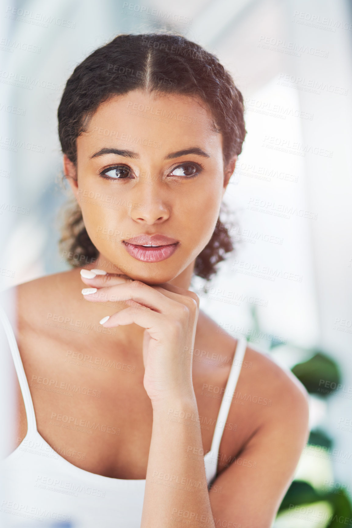 Buy stock photo Beauty, makeup and mirror in bathroom with reflection for cosmetics, dermatology or morning routine. Face, results and hand of female person for satisfaction, transformation or foundation in home