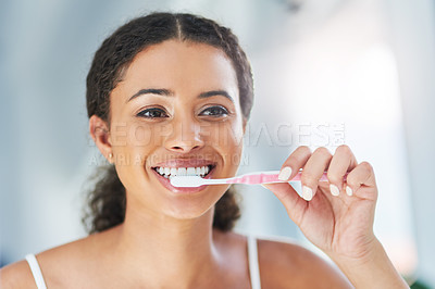 Buy stock photo Morning, bathroom and woman with teeth whitening in home for dental hygiene, wellness or oral care with product. Cleaning, brush and girl with toothpaste for fresh breath, toothbrush and pride