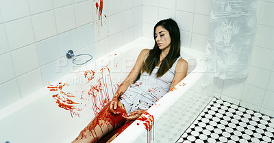Buy stock photo Cropped shot of a dead body lying in a pool of blood in a bathtub