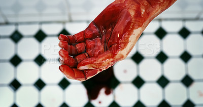 Buy stock photo Cropped shot of an unrecognizable hand dripping blood on a crime scene