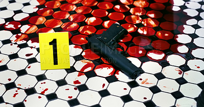 Buy stock photo Cropped shot of a gun lying in a pool of blood on a bathroom floor on a crime scene