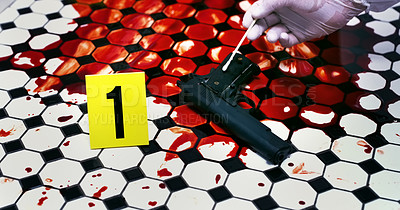 Buy stock photo Cropped shot of an unrecognizable official inspecting a  gun on a crime scene