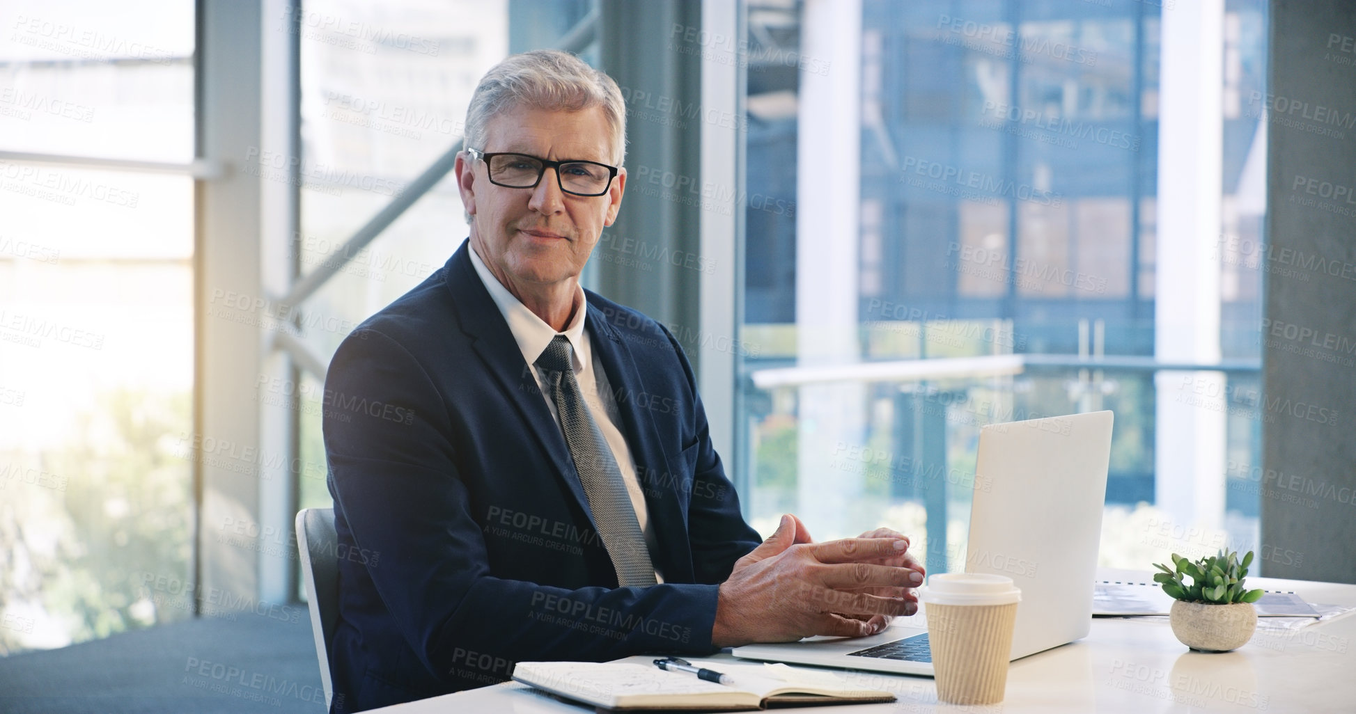 Buy stock photo Mature businessman, portrait and in an office with a laptop for communication and connectivity. Corporate, company and a manager or boss of an agency with a pc for networking and internet at work