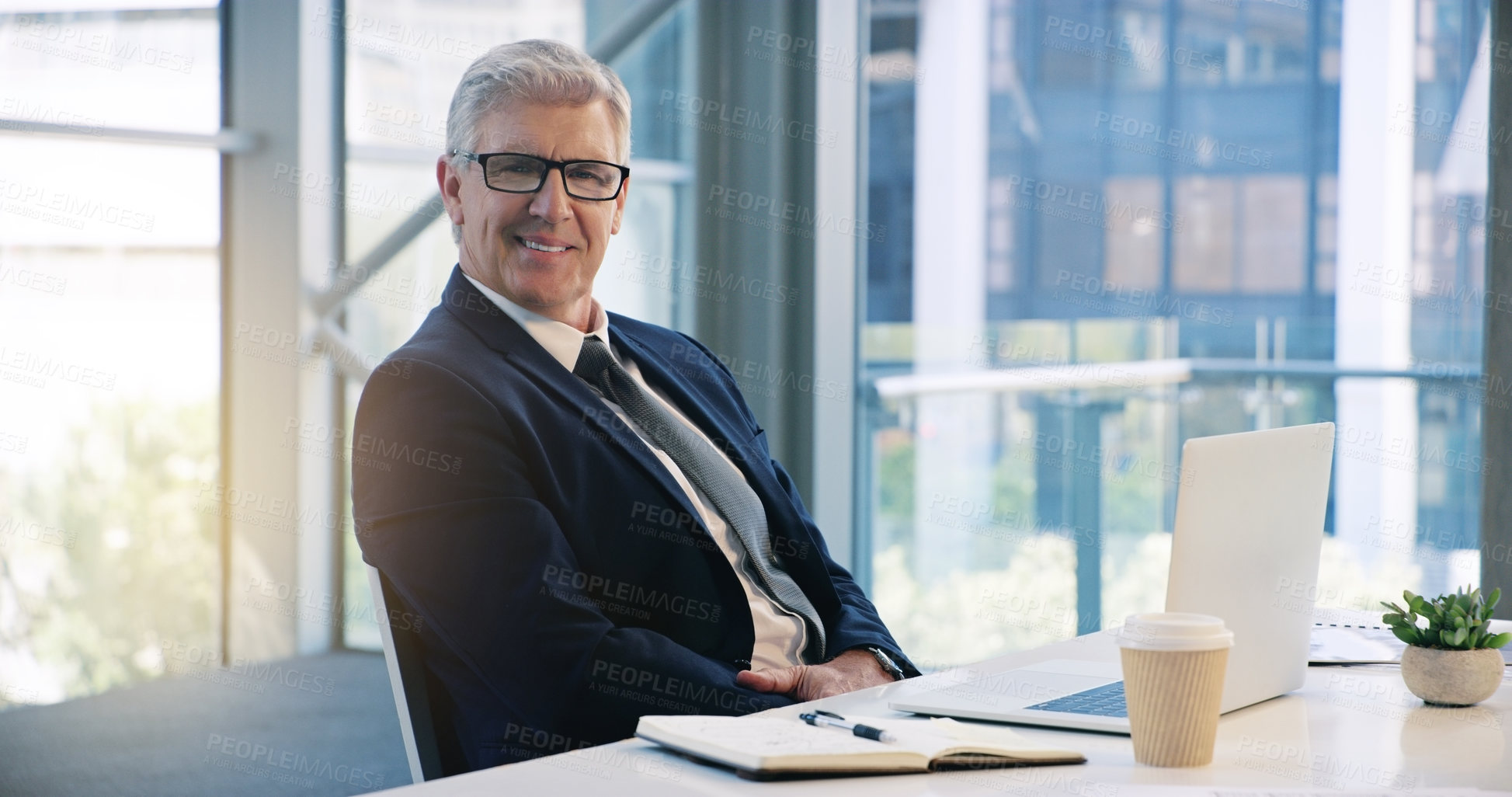 Buy stock photo Portrait, smile and business man, ceo or professional in office working on laptop. Glasses, senior face and male executive, entrepreneur or lawyer from Australia in workplace with pride for career.