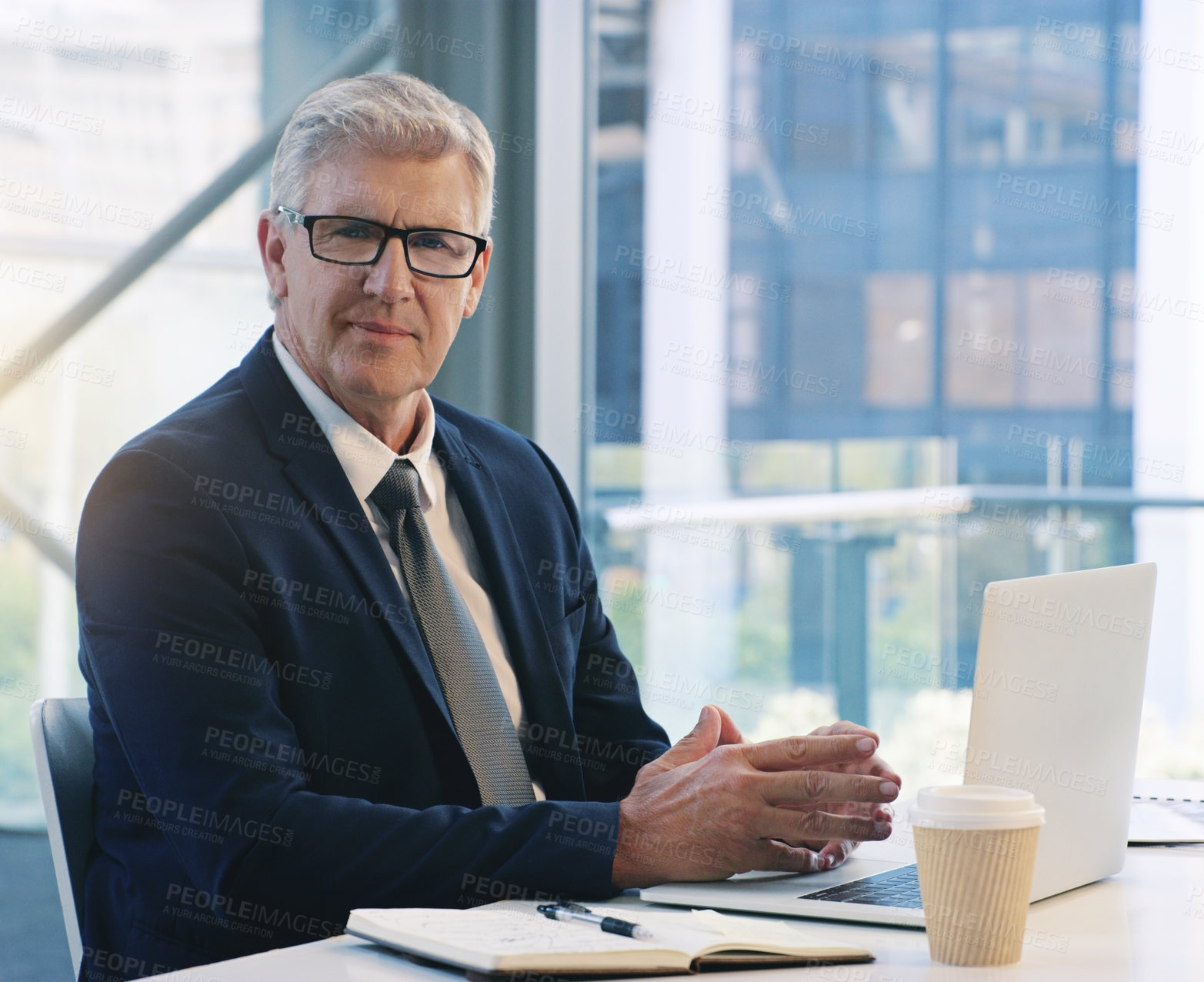 Buy stock photo Professional businessman, portrait and in office with a laptop for communication and connectivity. Corporate, company and a manager or boss of an agency with a pc for networking and internet at work
