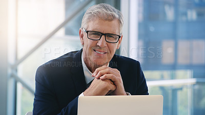 Buy stock photo Portrait, laptop and business man, ceo or professional in office workplace. Face, glasses and happy male executive, senior entrepreneur or director from Australia with pride for career and confidence