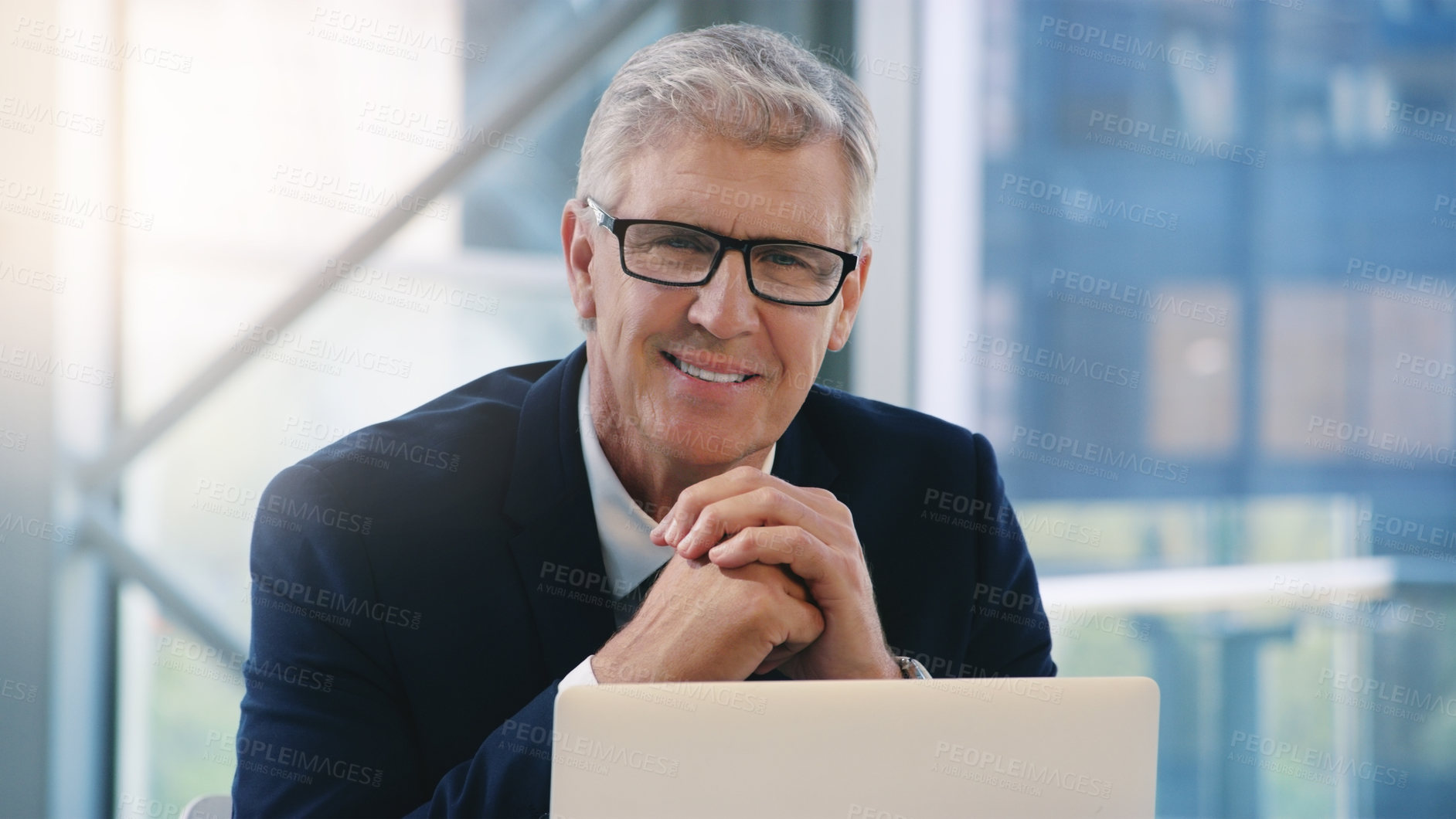 Buy stock photo Portrait, laptop and business man, ceo or professional in office workplace. Face, glasses and happy male executive, senior entrepreneur or director from Australia with pride for career and confidence
