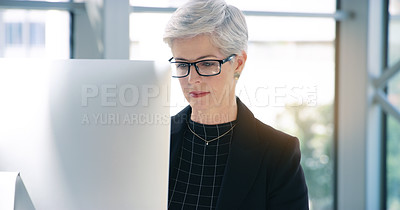 Buy stock photo Email, business and a woman with a computer in an office for communication and administration. Corporate, internet and an employee with a pc for online work, reading information and connectivity