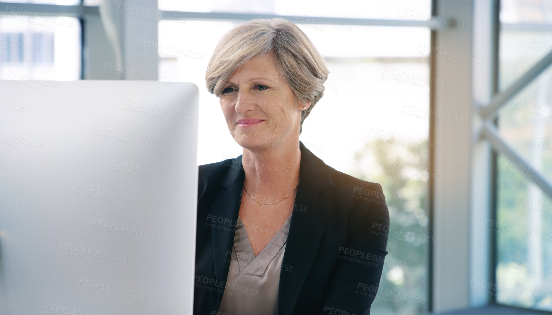 Buy stock photo Mature, corporate and businesswoman in office on computer with planning, solutions and ideas for a startup business growth. Confident, female person and digital technology for project report
