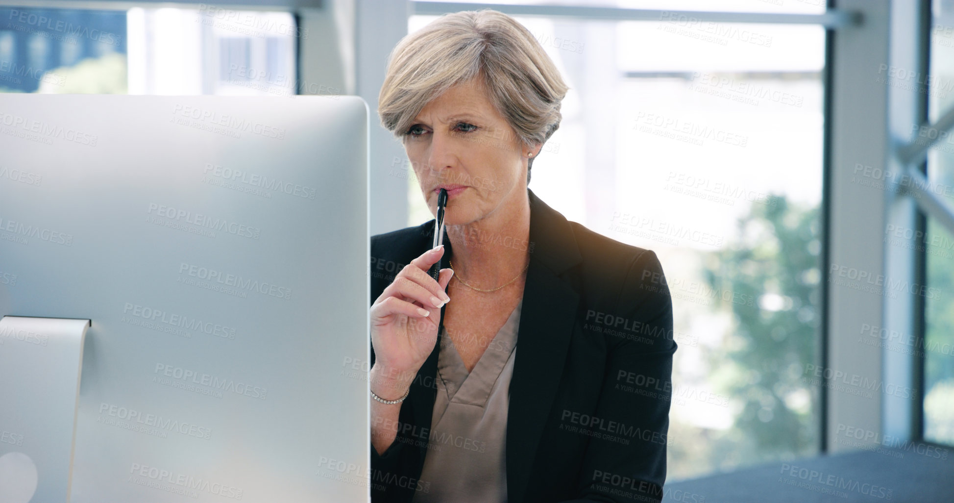Buy stock photo Employee, thinking and senior woman with computer, solution and online reading for project and choice. Professional, lawyer or attorney with pc or problem solving with email or decision with planning