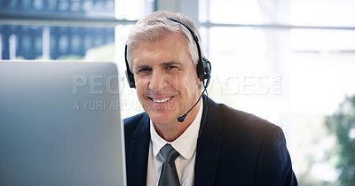Buy stock photo Video call, computer and portrait with a business old man using a headset in the office for an online meeting. Virtual, smile communication with a happy manager or CEO in a virtual training workshop