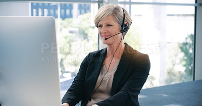 Buy stock photo Call center, smile and a woman with a computer for telemarketing, online support and advice. Happy, contact us and a female customer service agent on a pc for help, conversation and consultation
