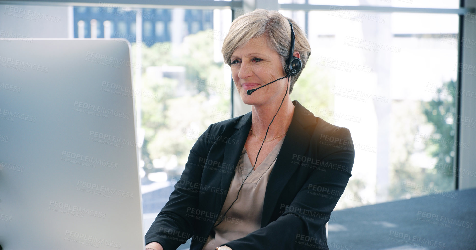 Buy stock photo Call center, smile and a woman with a computer for telemarketing, online support and advice. Happy, contact us and a female customer service agent on a pc for help, conversation and consultation