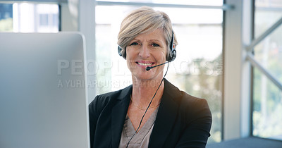 Buy stock photo Portrait, call center and mature woman with a smile, telemarketing and customer service. Face, female person and employee with a headphones, consultant and agent with a career, crm and professional