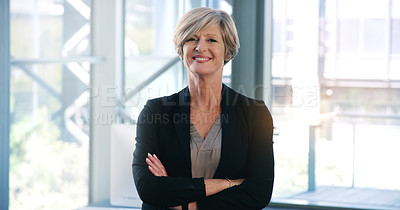 Buy stock photo Business woman, portrait and smile in an office with arms crossed for pride of executive career. Face of a senior female entrepreneur happy about corporate growth, goals and motivation at company