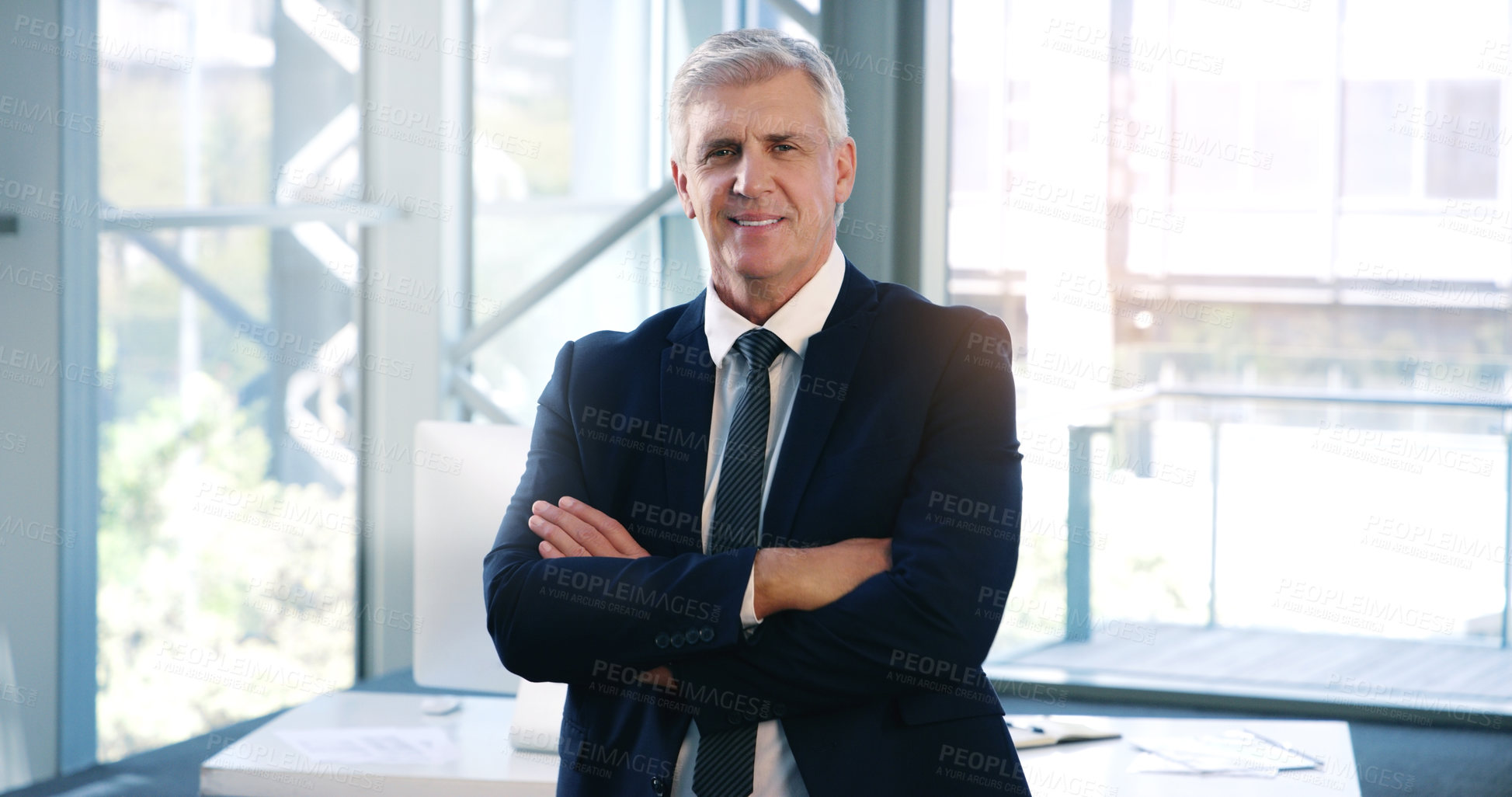 Buy stock photo Portrait, smile and business man with arms crossed in office workplace for success mindset. Face, senior ceo and male executive, entrepreneur and professional from Australia with confidence in career