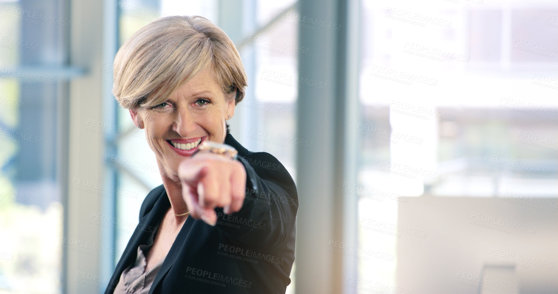 Buy stock photo Office, portrait and businesswoman pointing with smile for choosing, recruiting and selection choice. Professional, mature person or company ceo with hand gesture, positive attitude or decision