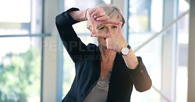 Buy stock photo Finger frame, portrait and businesswoman in the office with leadership, success and confidence. Happy, smile and professional senior female corporate employee with a border hand gesture in workplace.