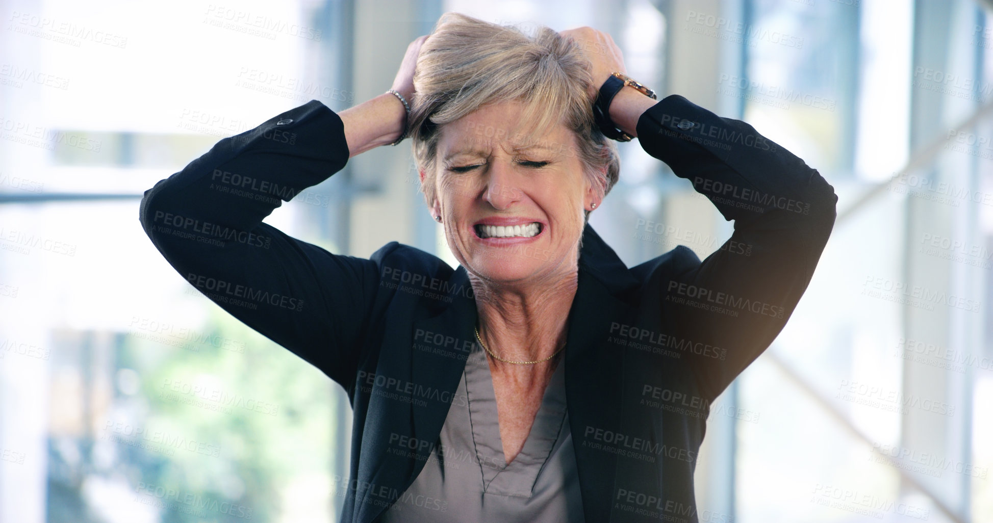 Buy stock photo Mature woman, stress and angry in office, mental health and burnout for fail or work crisis. Female person, frustration and rage for mistake or pressure, panic attack and overworked or mad for tax