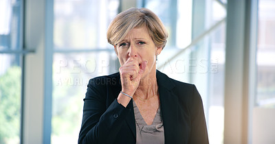 Buy stock photo Portrait, infection and a business woman coughing in her office at work while looking sick with a virus. Health, covid and cough with a senior female manager or CEO standing alone in the workplace