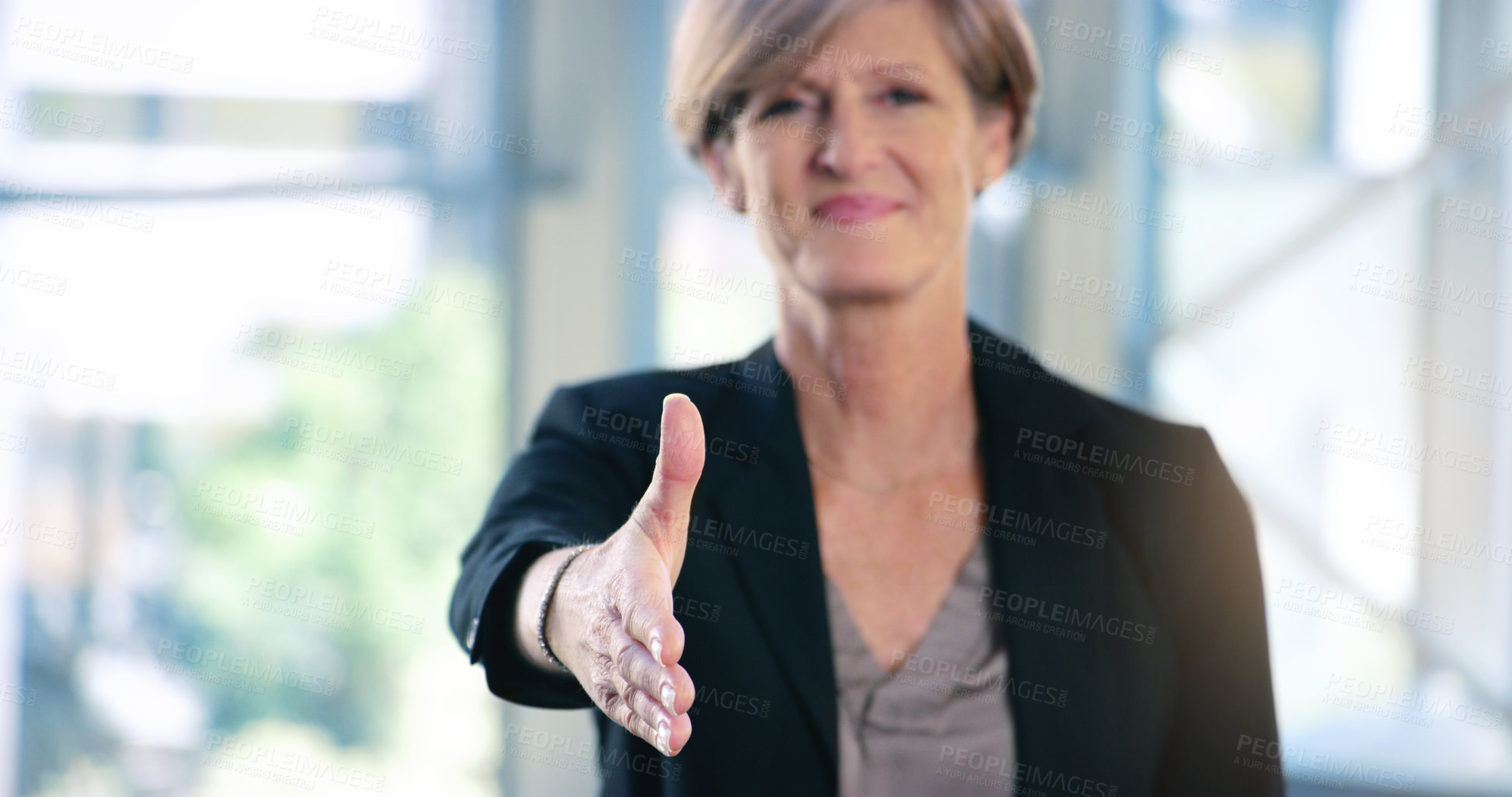 Buy stock photo Portrait, businesswoman and handshake or welcome in office for greeting, b2b deal or agreement. Impression, mature person or hr manager with hand gesture, positive attitude or thank you in workplace