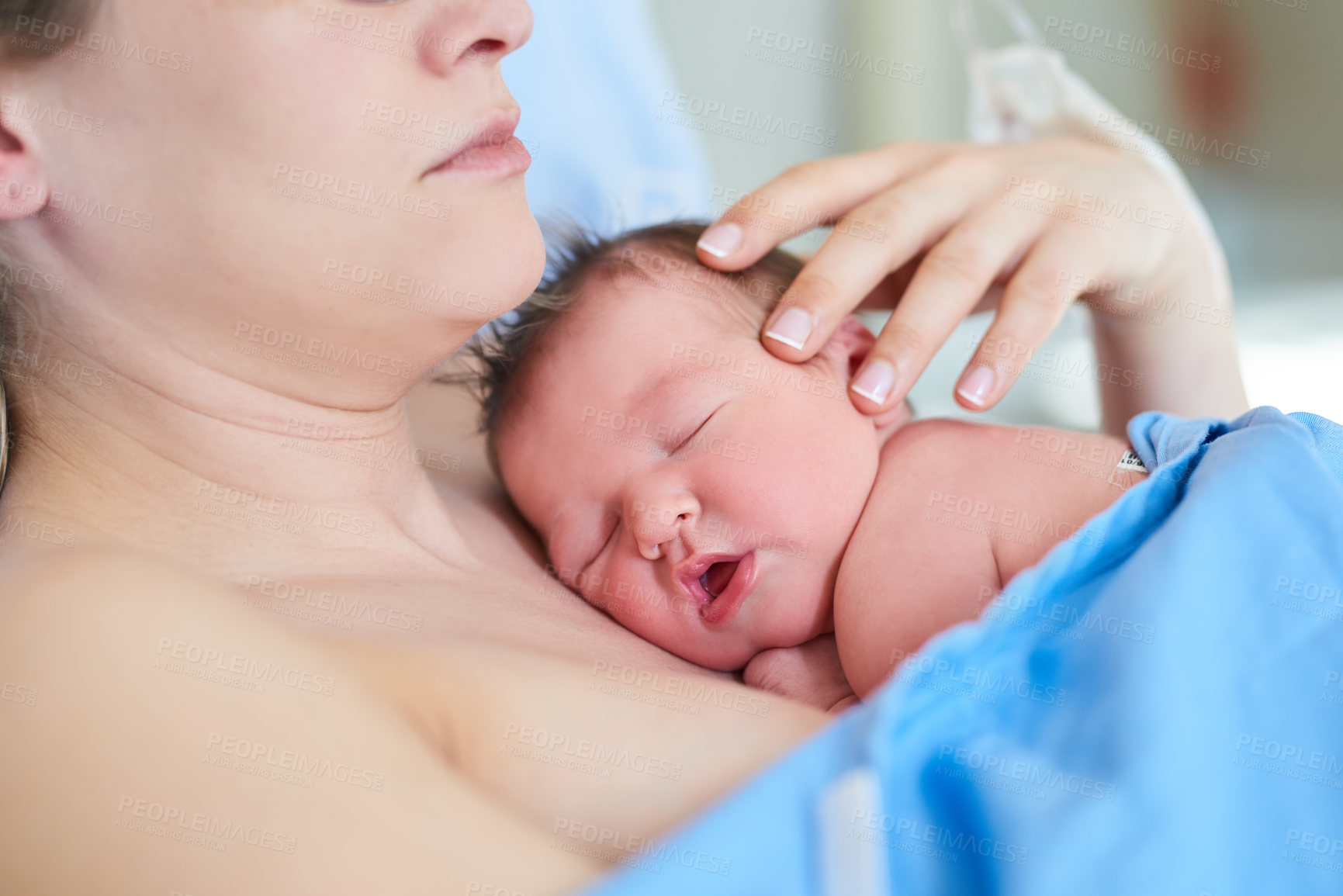Buy stock photo Shot of an adorable newly born baby girl sleeping on her mother's chest at hospital