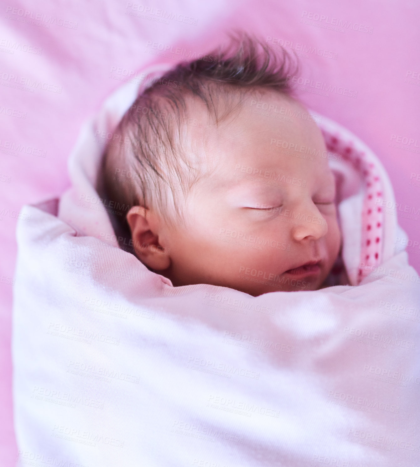 Buy stock photo Newborn, baby and sleeping with blanket on bed for healthy development, dreaming and comfortable. Above, infant and resting in maternity hospital with eyes closed, nap time and wellness for growth