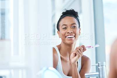 Buy stock photo Brushing teeth, hygiene and mirror of woman in bathroom of home with toothbrush for dental care. Cleaning, oral and reflection with happy person in apartment for morning breath or whitening routine