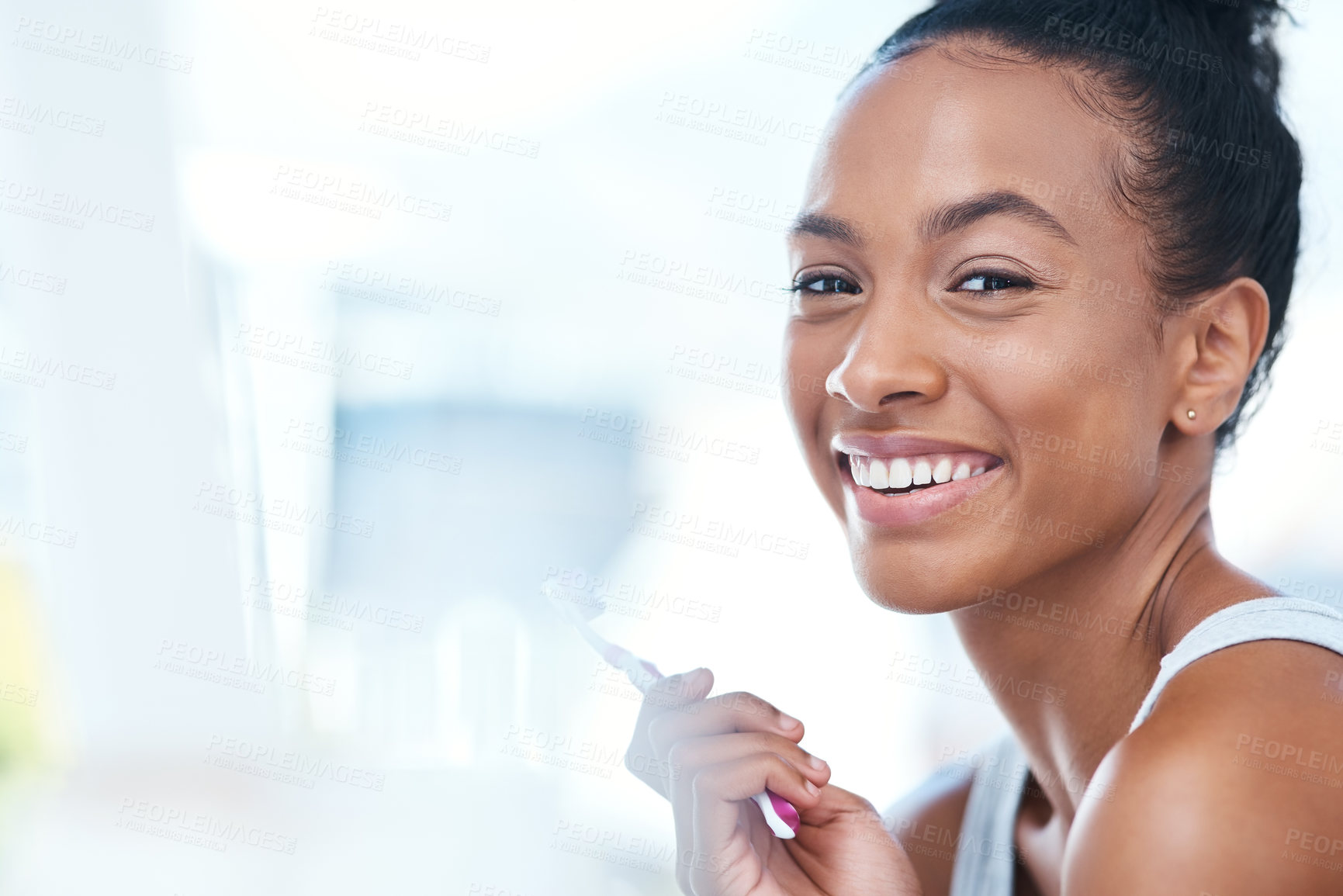 Buy stock photo Brushing teeth, oral and portrait of woman in bathroom of home with toothbrush for dental care. Cleaning, hygiene and teeth whitening with happy person in apartment for morning dentistry routine