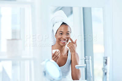 Buy stock photo Face cream, happy woman and mirror for skincare in home or bathroom for foundation, glow or natural shine. Facial lotion, smile or female person with cosmetics, towel or vitamin c for beauty results