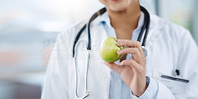 Buy stock photo Doctor, hands and woman with apple for healthy diet, nutrition or wellness. Medical professional, nutritionist or person with fruit for vitamin c, healthcare or natural food for vegan health benefits
