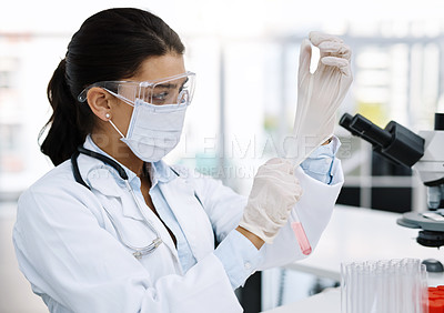 Buy stock photo DNA, gloves and science with woman in laboratory for breakthrough, discovery or experiment. Blood, getting ready and test tube with scientist at work on clinical trial for biology, cure or vaccine