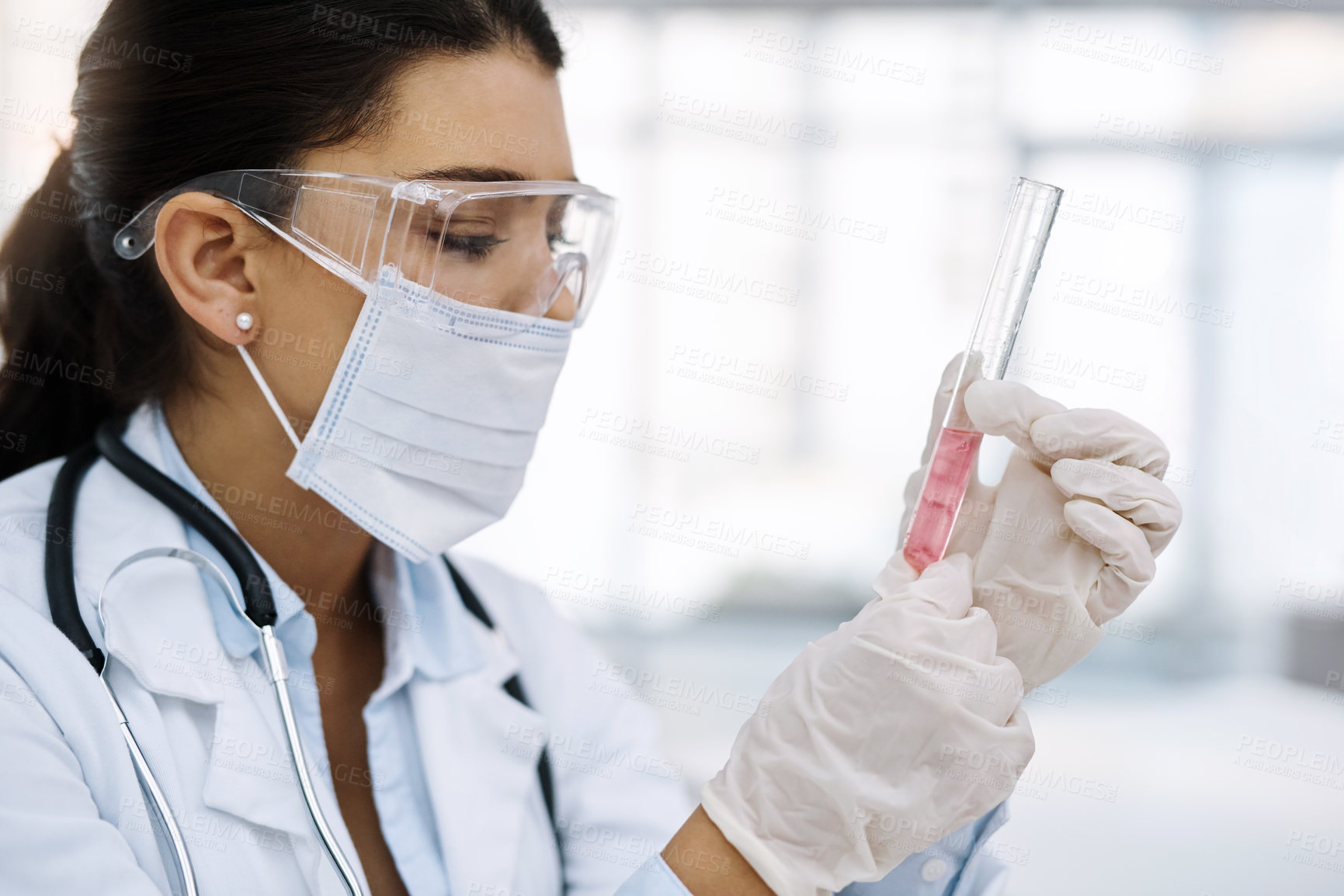Buy stock photo DNA, science and test tube with woman in laboratory for breakthrough, discovery or experiment. Blood, research and sample with scientist at work on clinical trial for medical, cure or vaccine