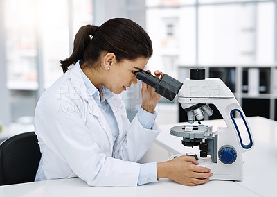 Buy stock photo Scientist, research and woman with microscope in laboratory for medical study. Professional, science and female doctor with scope equipment for sample analysis, particle test and lab experiment.