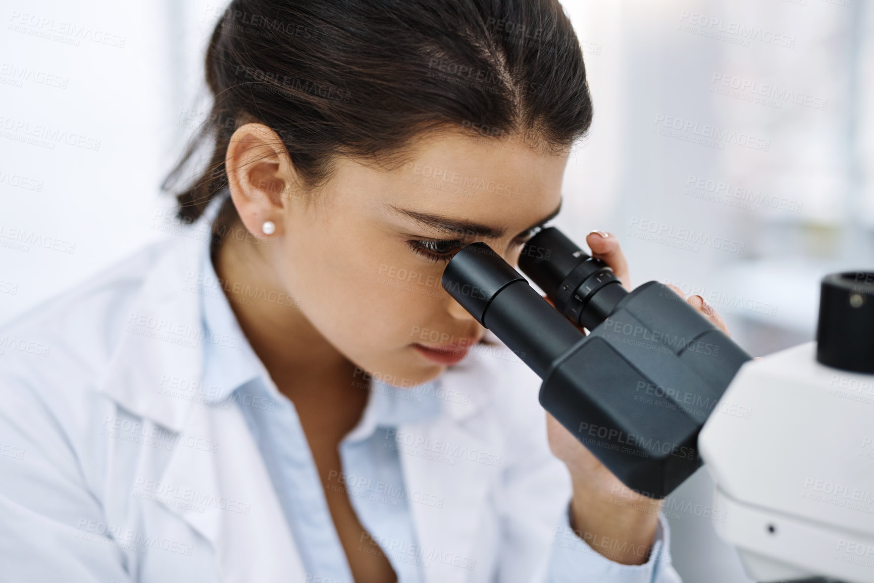 Buy stock photo Research, woman and scientist with microscope in laboratory for medical study. Healthcare, science and female doctor with scope equipment for sample analysis, particle testing and lab experiment.