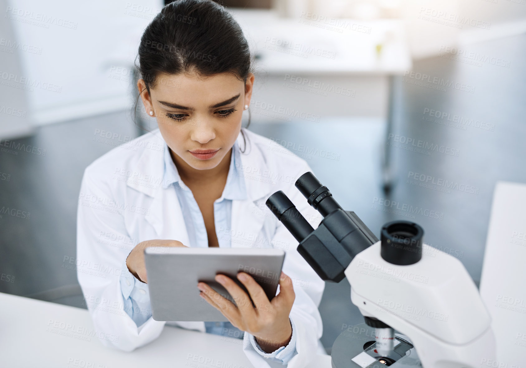 Buy stock photo Research, scientist and woman with tablet in laboratory for medical study online. Technology, science and female doctor with touchscreen for website, healthcare and reading, check results or analysis