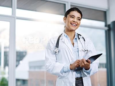 Buy stock photo Funny, doctor and woman with tablet in hospital for research, telehealth and healthcare. Technology, happiness and female medical professional with touchscreen for online wellness, app and thinking.