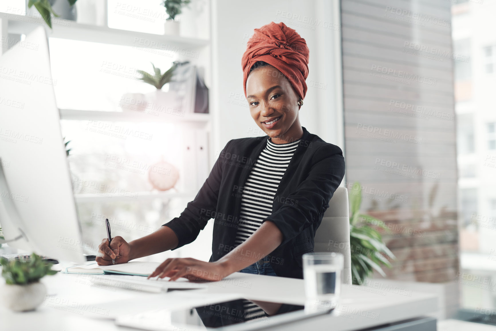 Buy stock photo Business, office and portrait of African woman for website review, research and planning in office. Web designer, professional and happy person with notebook for internet, working online and software