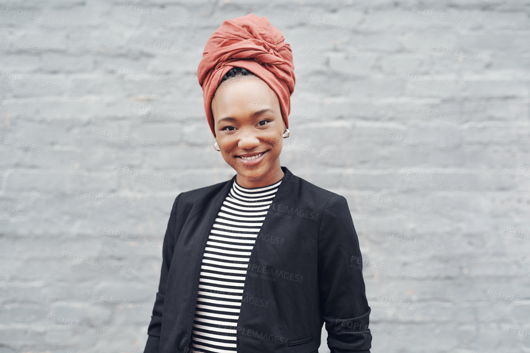 Buy stock photo Smile, portrait and creative black woman with brick wall, confidence and urban business fashion. Designer, identity and happy African businesswoman with pride, opportunity and professional style.