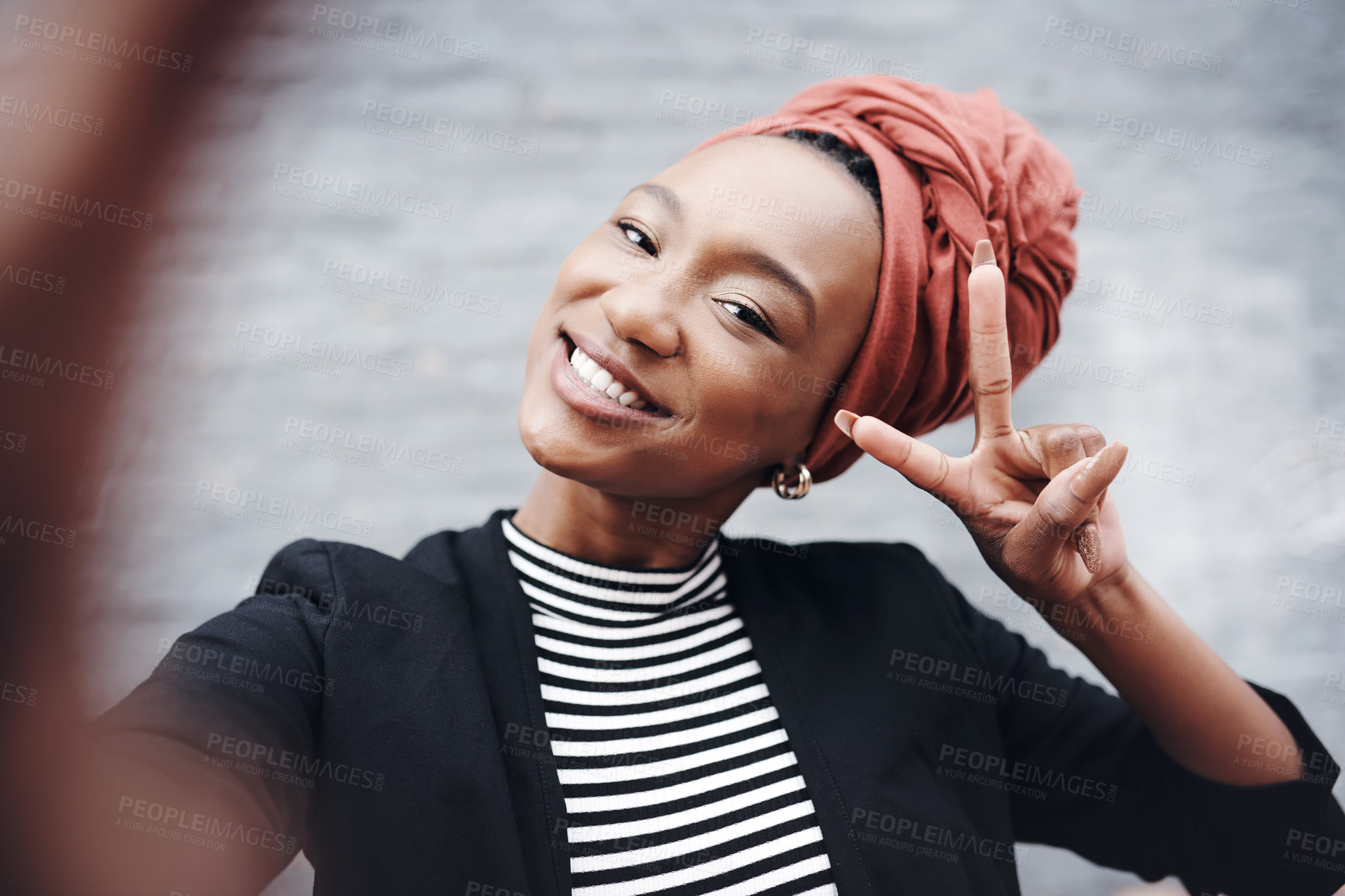 Buy stock photo Portrait, black woman and selfie outdoor with smile with confidence in city. Urban, pout and gen z person from Nigeria with happy, travel and summer break with social media post and profile picture