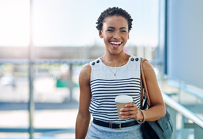 Buy stock photo Portrait, coffee and woman excited at work for opportunity, project or internship goals. Smile, break and young employee for vacancy with drink, laughing and joke in office for startup business