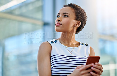 Buy stock photo Smartphone, woman and thinking in office for connection and future career or email for company. Consultant, technology or ideas in workplace for agenda, business and growth or strategy for project