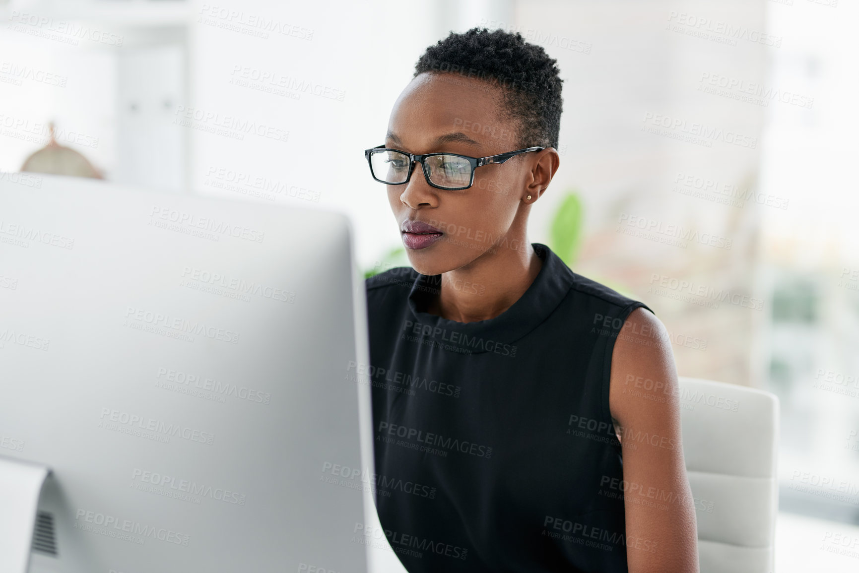 Buy stock photo Business, computer and serious black woman in office for research, planning or concentration. Focus, mindset and African female copywriter online for creative idea inspiration on blurred background