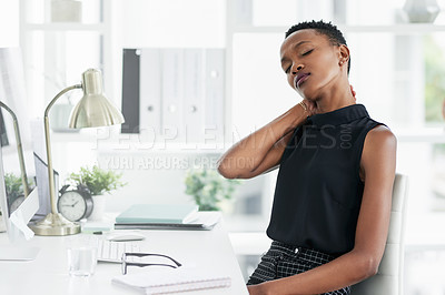 Buy stock photo Business, stress and black woman with neck pain in office with worry, crisis and tension. Burnout, injury and African female person with anxiety, body or spine problem while working online