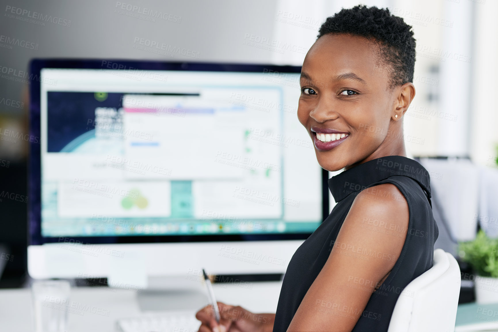Buy stock photo Business, portrait and black woman with computer screen in office happy, smile and confident. Face, creative and African female graphic designer online for planning, homepage and idea inspiration