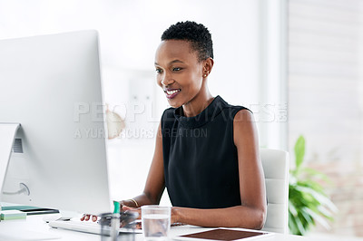 Buy stock photo Business, computer and happy black woman in office, smile and typing email on light background. Research, creative and African lady graphic designer online for planning, homepage and idea inspiration
